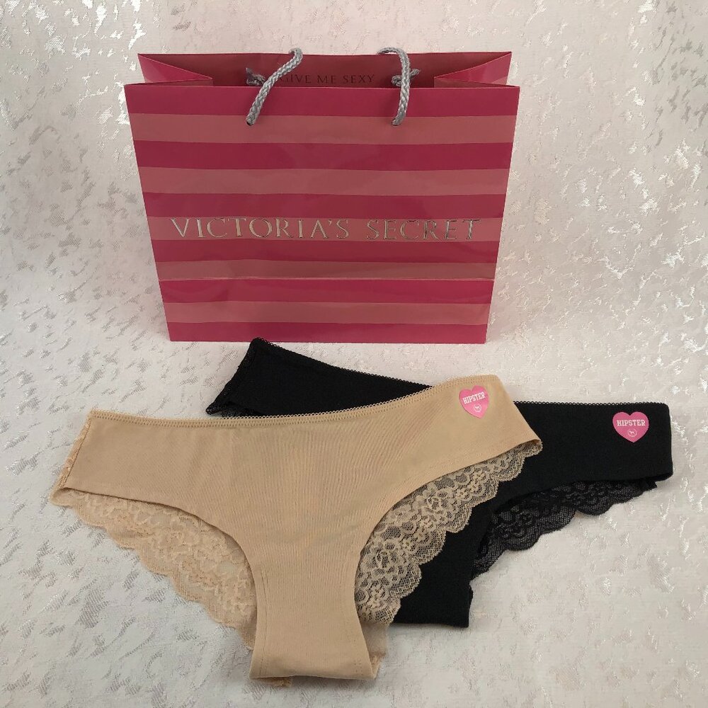 PINK Victoria’s Secret Lace Low-Rise Hipster Panties (2 pair: Beige, Black) NWT
